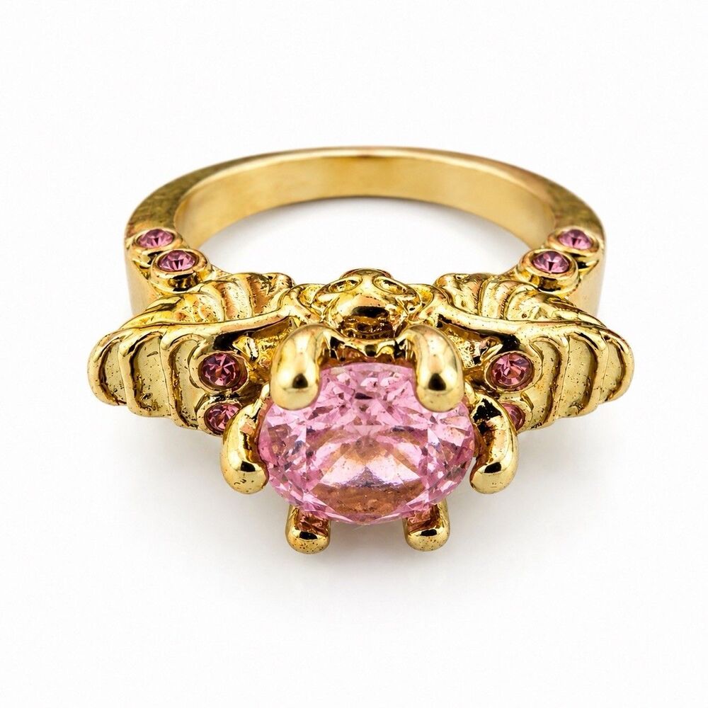 Vintage Style Pink Crystal Butterfly Fairy Skull Ring Gold Tone Whimsigoth 9